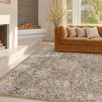 Washable Dining Room Rugs for Under Table - 7x9 Moss Green Oriental Area Rug for Living Room, Low Pile Non-Slip Floor Carpet for Bedroom Under Bed - Vintage Brown Neutral Design & Stain Resistance