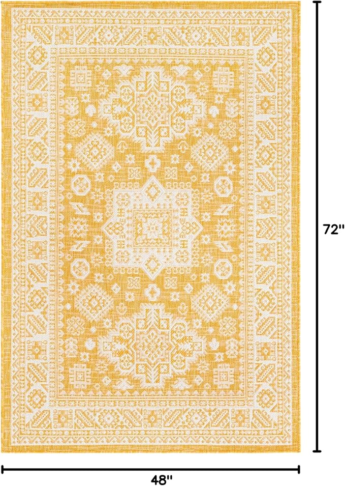 Rugs.com Outdoor Aztec Collection Rug – 4' x 6' Yellow Flatweave Rug Perfect for Living Rooms, Large Dining Rooms, Open Floorplans