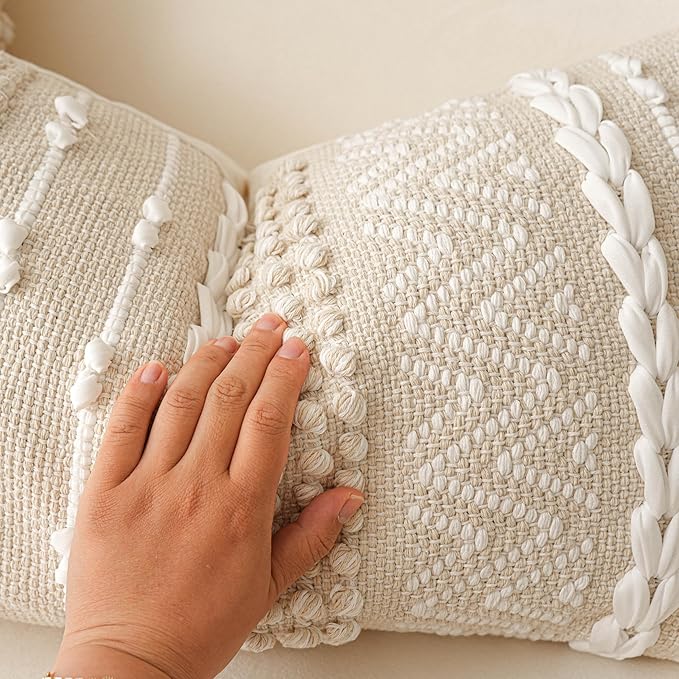 BlissBlush Boho Throw Pillow Cover 20X20, Decorative Accent Pillow for Couch, Square Woven Textured Pillowcase, Modern Boho Pillow for Bed, Bohemian Pillow Cover, Cream White Neutral (Pack of 1)