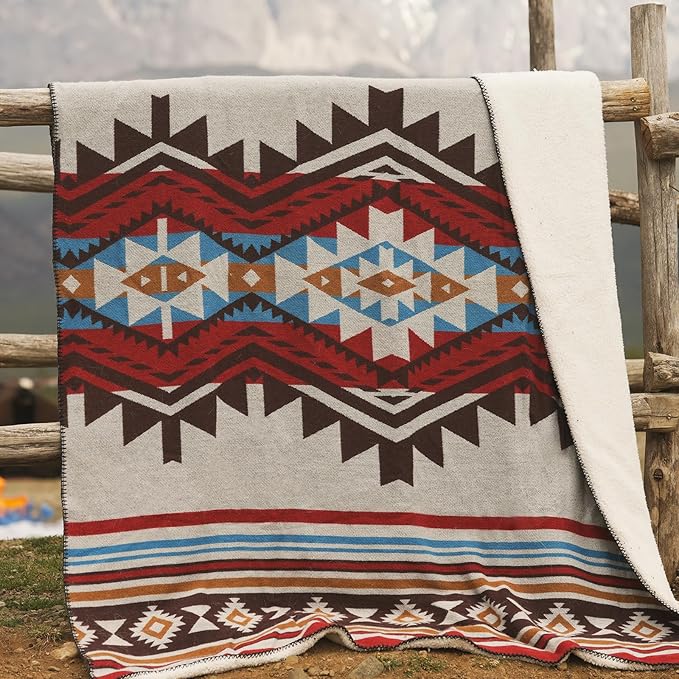 Aztec Throw Blanket with Soft Sherpa Lining, Traditional Southwestern Navajo Tribal Style Warm Throw for Camping, Outdoor, Cozy Boho Blanket for Couch, Sofa, Bed, 60"x80", Stripe Red