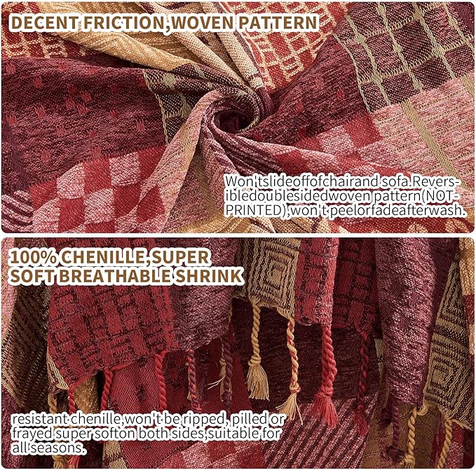 Boho Throw Blanket,Patchwork Large Blankets for Sofa Double Bed Armchair Couch,Weighted Soft Furniture Throws,Tassels Chenille Throws and Blankets for Bohemian Decor (60"*75")…