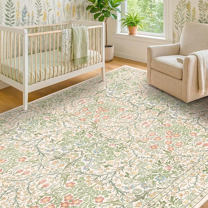 Light Green Bedroom Rug 5x7 Area Rug for Living Room, Vintage Washable Floral Floor Mat for Nursery, Dining Room Low Pile Non Slip Stain Resistance Distressed Retro Indoor (5x7 Beige Green)
