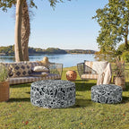 Indoor/Outdoor Inflatable Ottoman D21 x H9 inch, Round Footstool Inflatable Foot Rest Ottomans with Handle, Portable Ottoman Pouf for Patio, Garden, Camping, Home,Flower Black