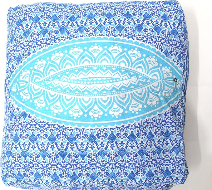 CRAFT KALA 18" Square Large Hippie Mandala Meditation Floor Ottoman Pillow Cushion Pouf Cover Square Poufs Bohemian Circle Floor Cushion Case Outdoor Fireplace Yoga Living Room Decor Cover Blue Ombre