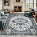 9x12 Vintage Washable Area Rug for Living Room,Low Pile Non Slip Carpet Non-Shedding Large Area Rug Soft Indoor Stain Resistant Rug Floral Print Mat for Bedroom Dining Room Blue Beige