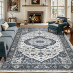 5x7 Vintage Washable Area Rug for Living Room,Low Pile Non Slip Carpet Non-Shedding Area Rug Soft Indoor Stain Resistant Rug Floral Print Mat for Bedroom Dining Room Blue Beige