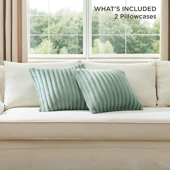 Bedsure Double-Side Striped Throw Pillow Covers 18x18 Set of 2, Spring Fluffy Sage Green Soft Decorative Pillow Covers, Home Decor for Couch Sofa Living Room Bedroom
