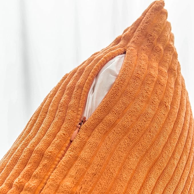 Home Brilliant Decorative Accent Burnt Orange Fall Pillow Covers Thanksgiving Decoration Set of 2 Striped Corduroy Plush Velvet Cushion Cover for Couch Rust, 40cm, 16 x 16 Inch, Orange