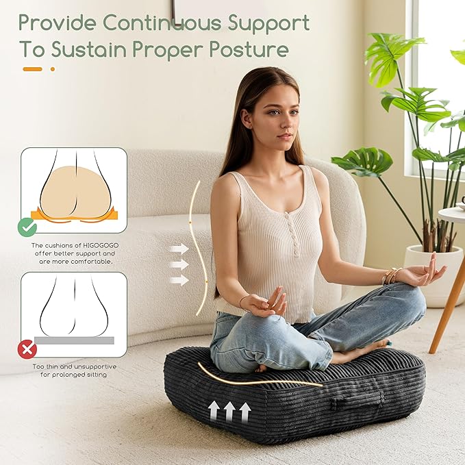 HIGOGOGO 6" Extra Thick Floor Pillow Cushion for Adults, Meditation Cushion Pillow, Large Square Floor Sitting, Tufted Corduroy Cover, for Tatami Living Room or Yoga, 22x22 Inch, Black