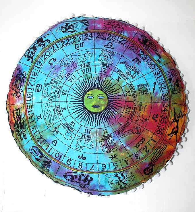 CRAFT KALA Boho Large Floor Pillow Pouf Cover Mandala Meditation Room Pillow Cover for Adults Round Bohemian Seating Pouf Cushion Cover for Kids Playroom 22" Multi Zodiac