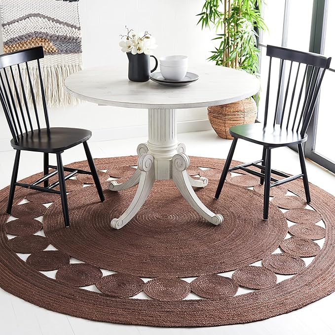 SAFAVIEH Area Rug 8' Round - Natural Fiber Collection - Large - Brown, Handmade Jute, Boho Farmhouse Braided Design (NF364T)