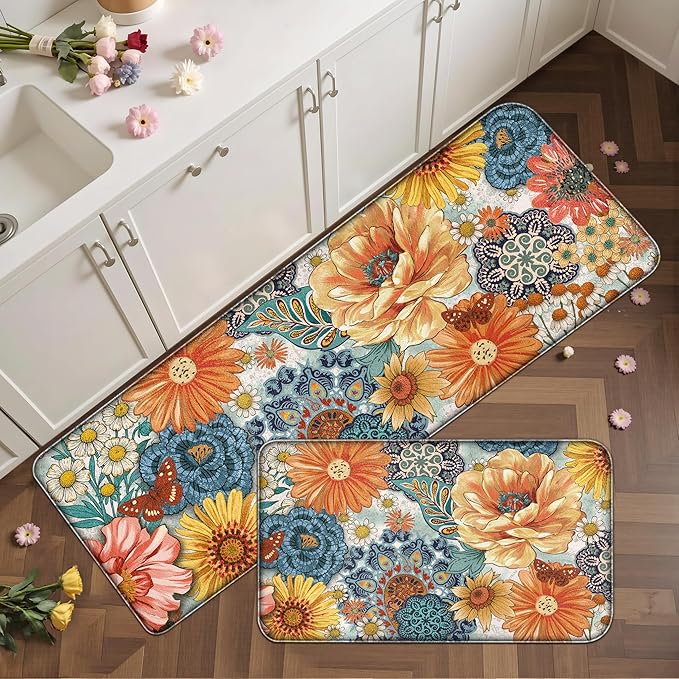 Boho Floral Kitchen Mats for Floor 2PCS Anti Fatigue Mats for Kitchen Floor Cushioned Non Slip Waterproof Memory Foam PVC Kitchen Rugs Set for Sink,Office,Laundry 17.3"x28"+17.3"x47"