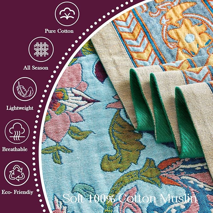 Boho Throw Blanket 100% Cotton Muslin Woven Blanket Bohemian Bed Throws Vintage Rustic Farmhouse Decor Reversible Bed Blanket Quilt for All Seasons（Blue 80"x90"）