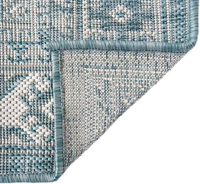 Rugs.com Outdoor Aztec Collection Rug – 12 Ft Runner Aqua Flatweave Rug Perfect for Hallways, Entryways
