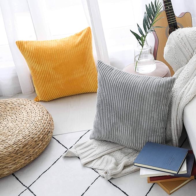 Home Brilliant Striped Corduroy Pillow Cover 24x24 Plush Texture Velvet Euro Throw Pillow Sham Covers for Chair Yellow Pillow Covers for Spring Decoration, 24 x 24 inch, Sunflower Yellow