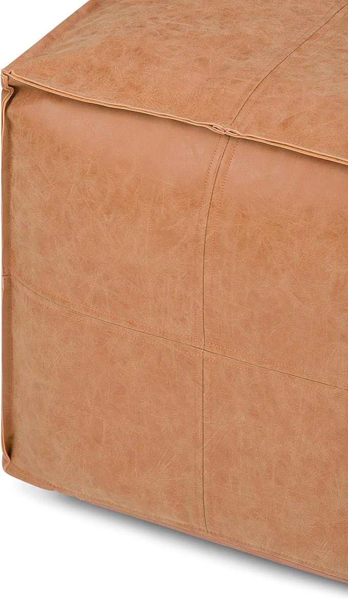 SIMPLIHOME Brody Large Square Coffee Table Pouf - 30 inch Wide Upholstered Vegan Leather Ottoman in Distressed Brown, Boho Footstool, Coffee Table or Extra Seating for Living Room, Assembled