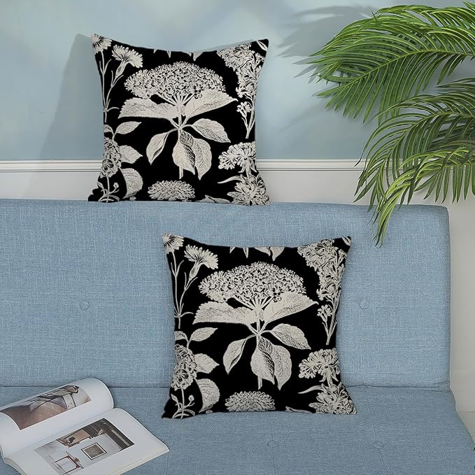 Black Pillow Covers 20x20 Inch Set of 2 Vintage Boho Floral Hydrangea Herbs Botanical Throw Pillows Outdoor Flower Decoration Pillowcase Linen Farmhouse Cushion Case Decorative for Couch Sofa