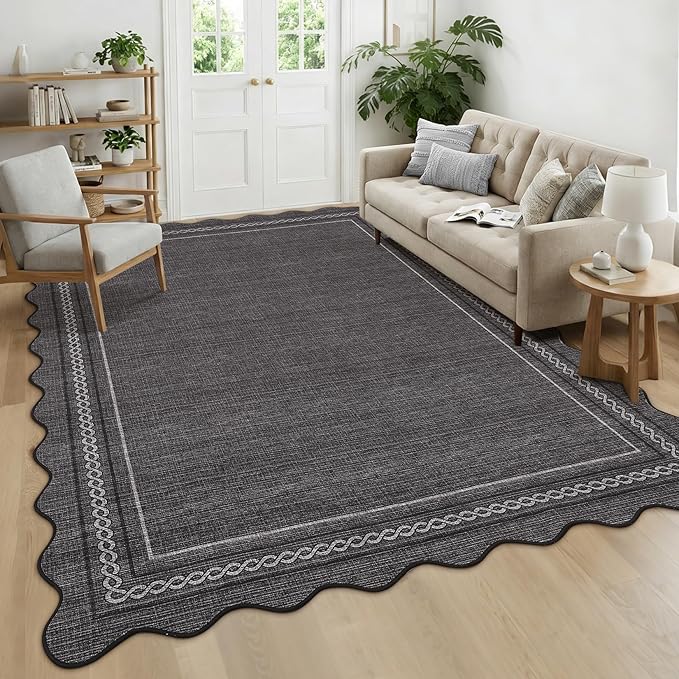 GarveeHome Washable Rug 4x6 Entryway Rug Non Slip Living Room Area Rug Black Scalloped Rugs Soft Non Shedding Low Pile Foldable Stain Resistant Carpet for Bathroom Kitchen Bedroom Nursery, Black