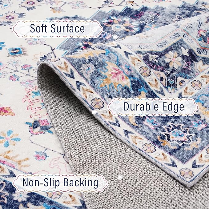 Amearea Vintage Design Area Rugs for Living Room, 4x6 Machine Washable Floral Collection Traditional Bedroom Rug, Low Pile Cute Kids Room Print Carpet, No Slip Office Kitchen Home Decor, Blue