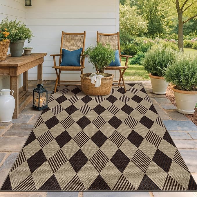 JTJ Easy Jute Diamond 5x7 Area Rug for Living Room - Door Mat Indoor Entrance, Checkered Plaid Rug for Patio, Bedroom, Home Office, Woven Low Pile Washable Beige Black Geometric Front Porch Décor