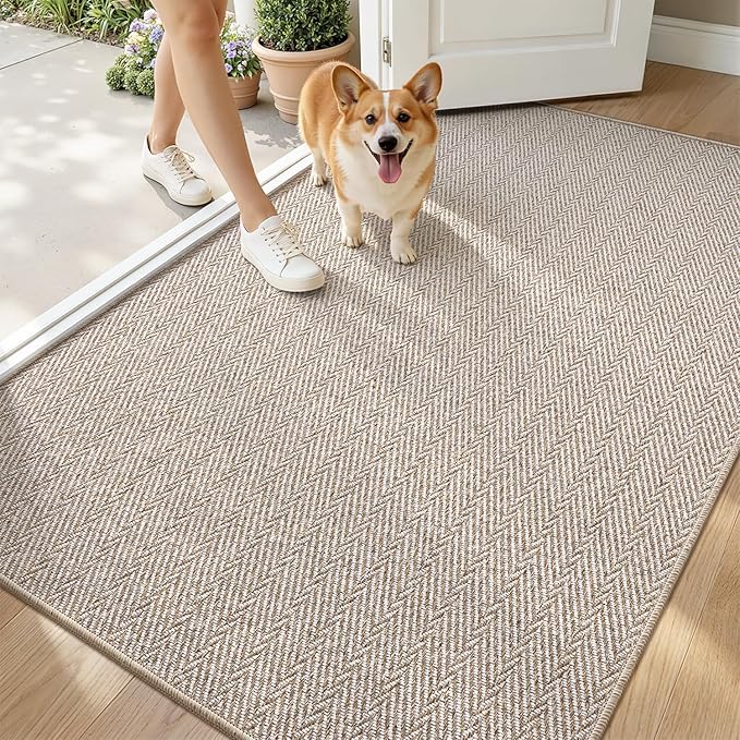 LUMI Ultra Thin Indoor Door Mat for Entrance 48"x72", Non Slip Entryway Mat, Low Profile Doormat, Unique Herringbone Design Carpet for Inside, Patio, Porch, Beige
