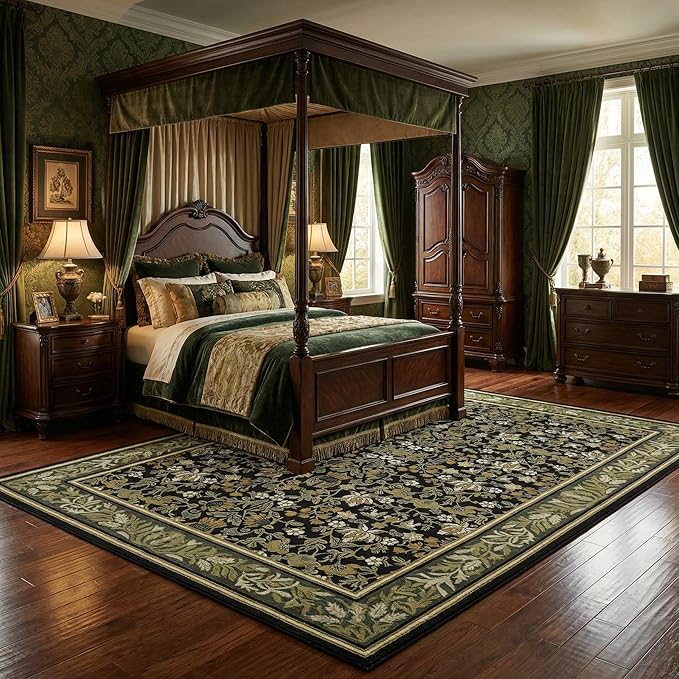 GarveeHome Washable Rug 9x12 Area Rugs for Living Room, Boho Rug Non Slip Vintage Low Pile Large Rugs for Bedroom Stain Resistance Non-Shedding Throw Carpet for Office Green Black