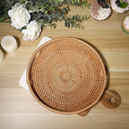 Hipiwe 10" Round Rattan Serving Tray with Handles, Hand-Woven Decorative Organizer Tray for Storage Breakfast Drinks Snack, Centerpiece Fruit Basket for Home Decoration, Small