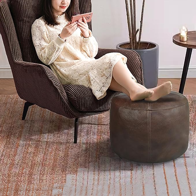 Thgonwid Unstuffed Faux Leather Pouf Cover, Handmade Footstool Ottoman Storage Solution, Floor Footrest Cushion - 16.5”Dx12”H, Matte Coffee