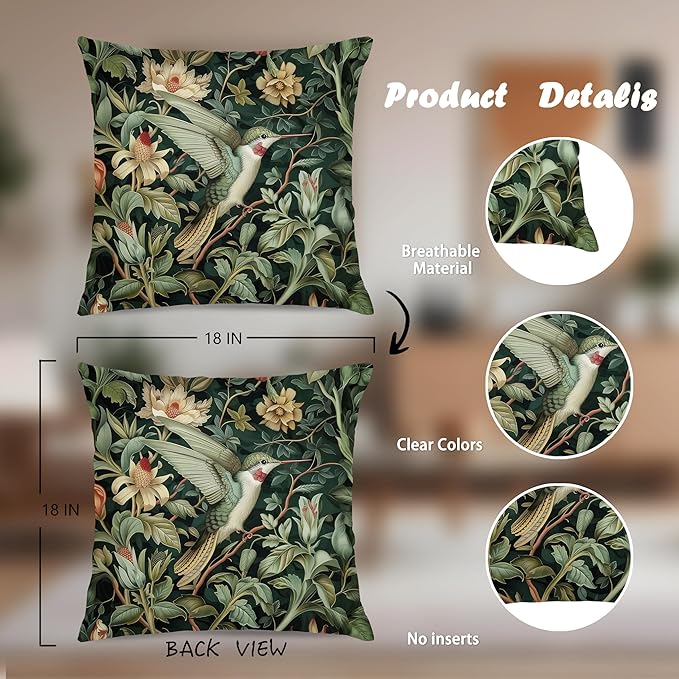 Vintage William Morris Hummingbird Pillow Cover 18x18 Set of 4,Rustic Green Hummingbird Bird Animal Floral Botanical Print Decorative Throw Pillow Covers for Home Bedroom Living Room