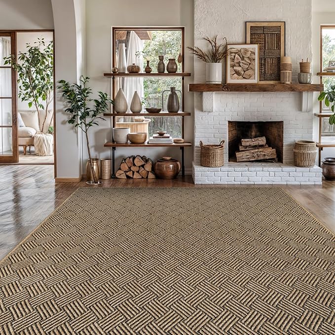 Easy Jute Rugs 6x9 Herringbone Natural Color Living Room Indoor Outdoor Area Rug for Patio and Kitchen Rug High Traffic Washable Easy to Clean Solid Boho Woven Design Carpet (6 x 9)