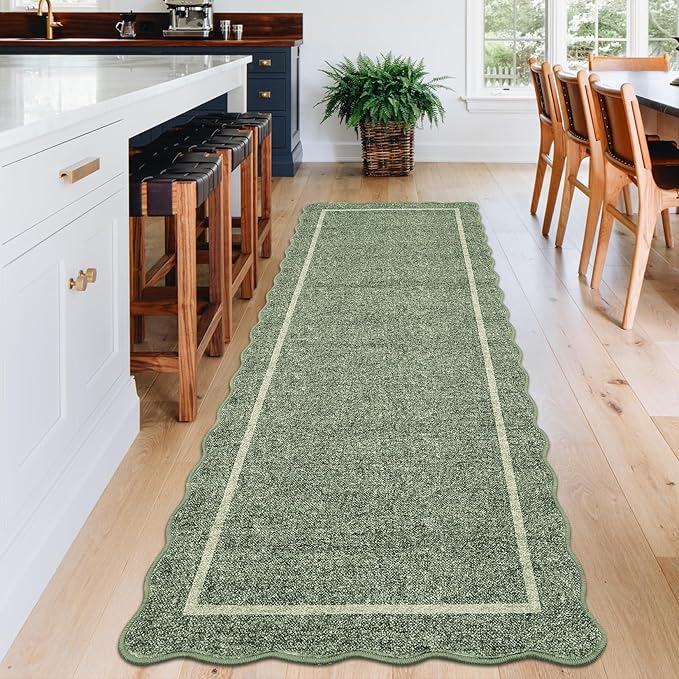 GarveeHome Scalloped Runner Rug for Hallway 2x10 Kitchen Rugs Non Slip Washable Modern Entryway Rug Farmhouse Soft Bathroom Rugs Stain Resistant Carpet for Hallway Laundry Bedroom 2'x10' Greyish Green