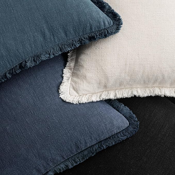 MIULEE Decorative Couch Pillow Covers Neutral Linen Fringe Throw Pillows Set of 4 Boho Farmhouse Cushion Modern Pillowcases for Bed Sofa Living Room Spring Home Decor 18x18 Inch Beige/Coastal Blue