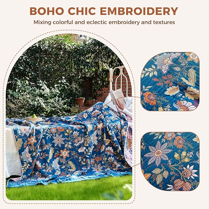 Boho Throw Blanket for Couch Sofa Chair Cotton Spring Blankets for Bedroom Living Room All Season Lightweight Reversible Floral Embroidery Throws 50"x60"
