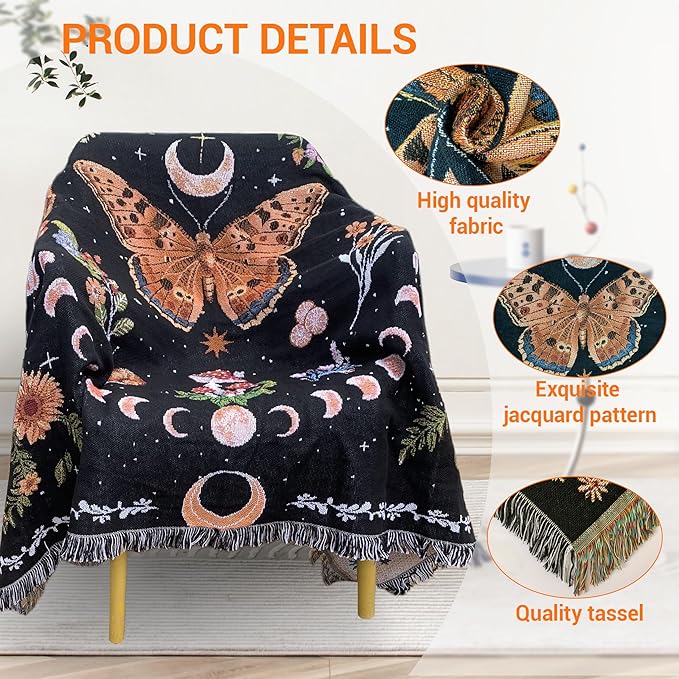 Moon Phase Butterfly Boho Woven Throw Blanket for Couch Bed Lounge Chair Hippie Room Decor Bedspread Boho Vintage Throws Blankets Outdoor Blanket Aesthetic Wall Hanging Celestial Bedroom Decor 51”x59”
