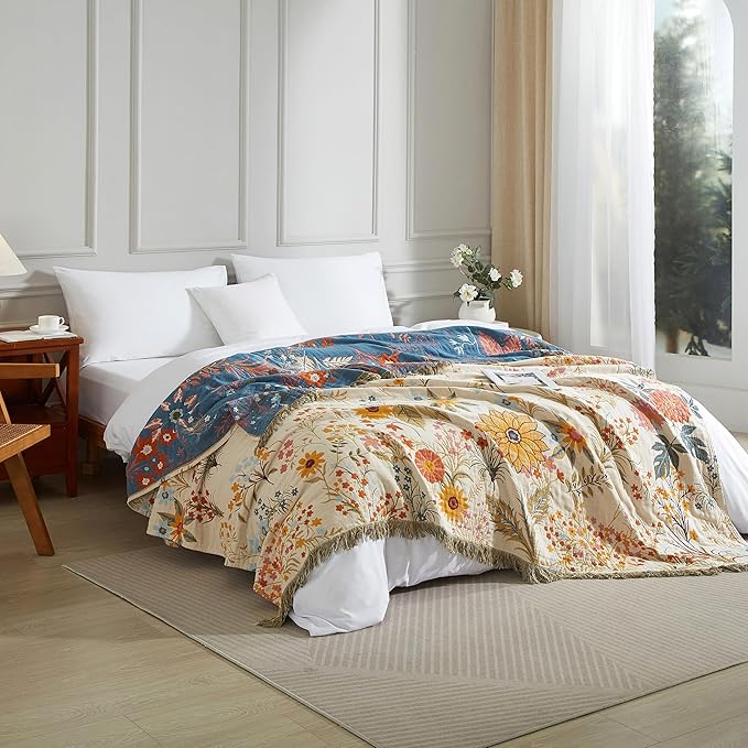 Boho Throw Blanket for Bed 60”x80”, 100% Cotton Woven Blanket for Couch Sofa, Ultra Soft 4-Layer Muslin Quilt with Floral Printed, Farmhouse Bed Blanket/Cover for Living Room Decor