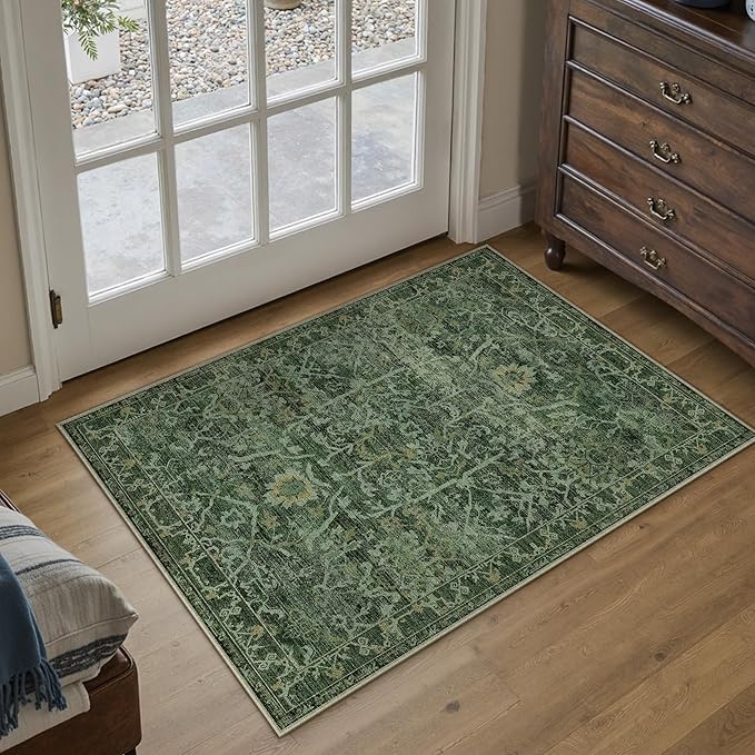 HUGEAR 2x3 Entryway Area Rug Retro Green Small Rug Machine Washable Door Mat Vintage Floral Low Pile Carpet Vacuumable Distressed Throw Rug Entrance Kitchen Bathroom Bedroom Non Slip Lightweight