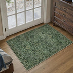 HUGEAR 2x3 Entryway Area Rug Retro Green Small Rug Machine Washable Door Mat Vintage Floral Low Pile Carpet Vacuumable Distressed Throw Rug Entrance Kitchen Bathroom Bedroom Non Slip Lightweight
