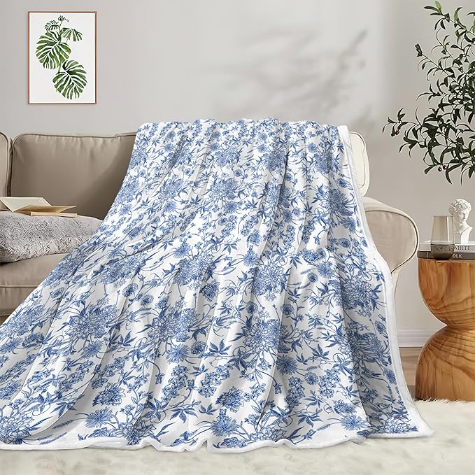 Floral Blanket Blue Floral Throw Blanket, Botanical Flowers Blankets, Soft, Flannel, Warm, Boho Flowers Bed Blankets All Season for Couch Bedroom Living Room, Blue-3 60X90 Inch