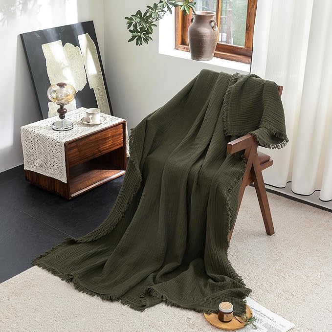 FOSSA Muslin Blanket with Fringe - 4-Layer 100% Cotton Gauze Super Soft & Breathable Throw -Lightweight Decorative Cooling Blanket for Bed, Sofa, Office (Olive Green, Throw (60" × 50"))