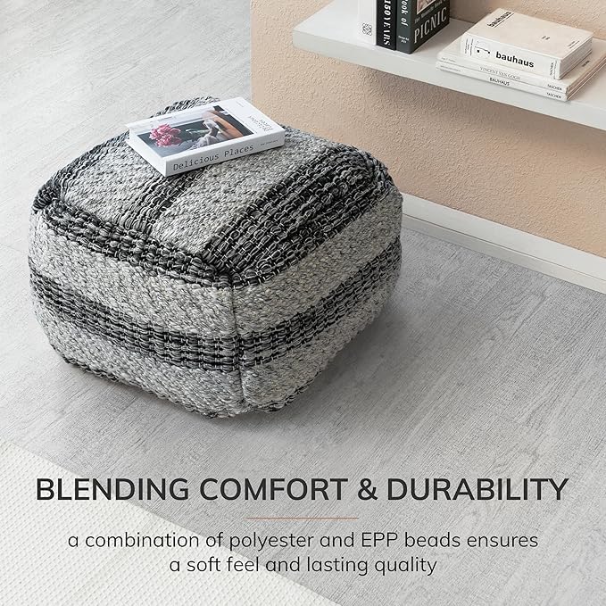 Anji Mountain Pouf Ottoman Foot Rest, Handmade Ottoman Pouf, Comfortable Foot Stool, Decorative Floor Seating for Living Room Decor, Bedroom & Home Décor Accent - Basalt Loom