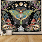 Accnicc Moth Tapestry Boho Mushroom Hippie Skull Wall Tapestry for Bedroom Aesthetic Vintage Floral Plant Moon Phase Small Tapestries Wall Hanging for Dorm Living Room Decor 48 x 36 Inch