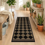 Brown and Black Easy Jute Runner Rug 2x5 for Laundry Room, Non Skid Washable Checkered Entryway Runner Rug, Boho Low Pile Diamond Carpet for Kitchen, Bathroom, Scandinavian Minimalist Style