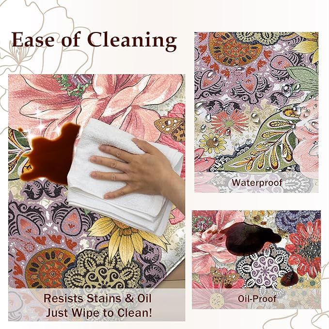 Boho Floral Kitchen Mats for Floor 2PCS Anti Fatigue Mats for Kitchen Floor Cushioned Non Slip Waterproof Memory Foam PVC Kitchen Rugs Set for Sink,Office,Laundry 17.3"x28"+17.3"x47"