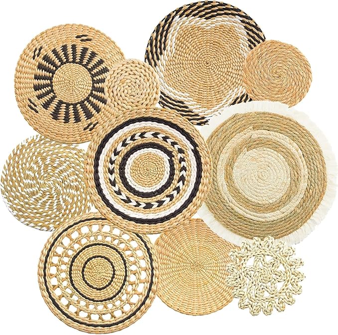 10 Pack Boho Wall Decor, 15 Inch Wall Basket Decor Round Handmade Hanging, Rattan Woven Wall Basket Decor for Living Room, Rustic Flat Elegant, Farmhouse, Bedrooms, Table Settings, Kitchen Home