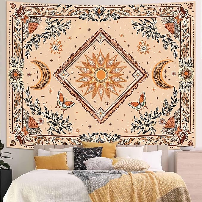 Accnicc Boho Sun and Moon Tapestry Hippie Mandala Floral Wall Tapestry for Bedroom Aesthetic Vintage Butterfly Plant Beige Small Tapestries Wall Hanging for Dorm Living Room Decor 60 x 44 Inch