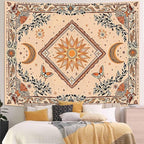Accnicc Boho Sun and Moon Tapestry Hippie Mandala Floral Wall Tapestry for Bedroom Aesthetic Vintage Butterfly Plant Beige Small Tapestries Wall Hanging for Dorm Living Room Decor 60 x 44 Inch