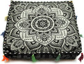 Large Hippie Mandala Round Floor Pillow Cover Ottoman Pouf Cover Daybed Cotton Cushion Cover with Heavy Duty Zipper Seating Ottoman Poufs Dog-Pets Bed (black silver flower, 18" Square)