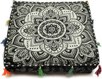 Large Hippie Mandala Round Floor Pillow Cover Ottoman Pouf Cover Daybed Cotton Cushion Cover with Heavy Duty Zipper Seating Ottoman Poufs Dog-Pets Bed (black silver flower, 18" Square)