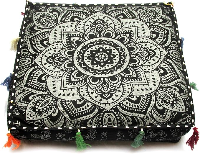 Large Hippie Mandala Round Floor Pillow Cover Ottoman Pouf Cover Daybed Cotton Cushion Cover with Heavy Duty Zipper Seating Ottoman Poufs Dog-Pets Bed (black silver flower, 18" Square)