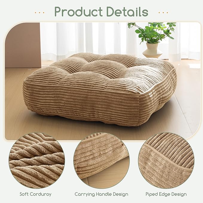 HIGOGOGO 6" Extra Thick Floor Pillow Cushion for Adults, Meditation Cushion Pillow, Large Square Floor Sitting, Tufted Corduroy Cover, for Tatami Living Room or Yoga, 22x22 Inch, Coffee